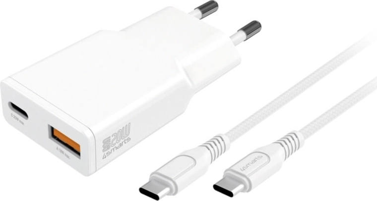 Cargador de red GaN 20 W con USB‑C y USB‑A + cable USB‑C de 1,5 m blanco