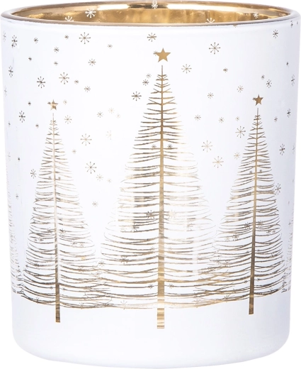 Portavelas de vidrio blanco con interior dorado y motivo de arbolitos navideños 9 × 10 cm
