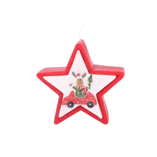 Vela navideña en forma de estrella con reno en coche