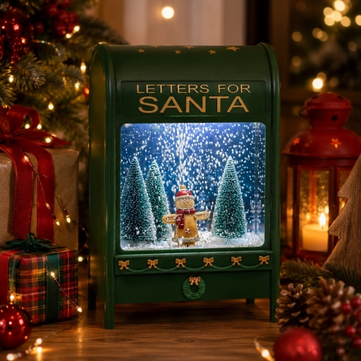 Buzón navideño para cartas con nieve, iluminación LED y música