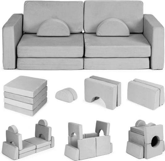 Sofá infantil modular plegable para 2 personas con 10 cojines suaves ECOTOYS – Gris