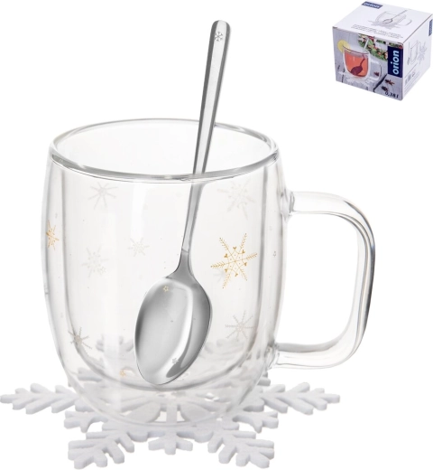 Taza termo de doble pared de vidrio de borosilicato Double con motivo de copo de nieve 380 ml con cuchara y posavasos