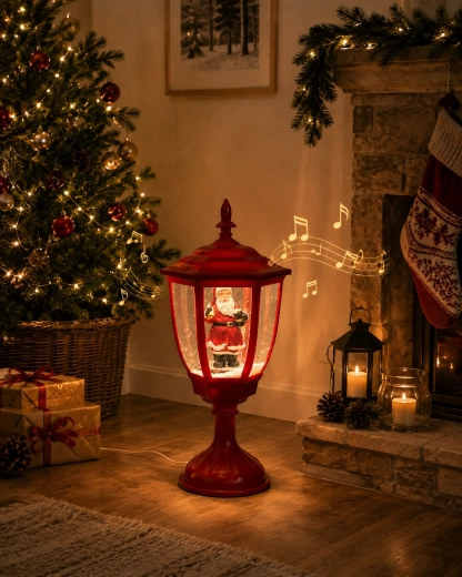 Farolillo LED navideño con Papá Noel y mecanismo musical, 55 cm, rojo
