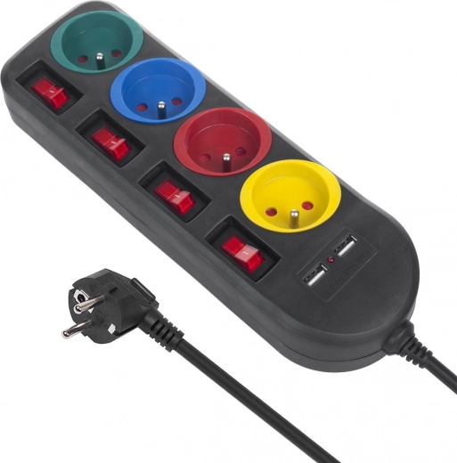 Ladrón con interruptores: 4 tomas + 2×USB negro