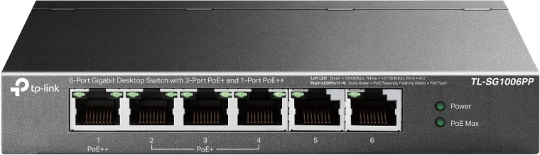 Conmutador gigabit TP-Link SG1006PP de 6 puertos (3 PoE+ y 1 PoE++)