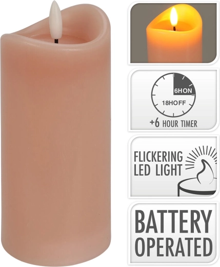 Vela LED con llama parpadeante y temporizador, rosa 7 × 15 cm