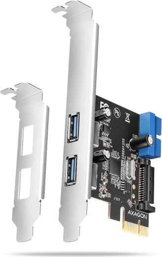 Controlador PCIe AXAGON con 2× USB-A y 2× USB internos 5 Gbps, UASP, perfil bajo, alimentación SATA