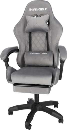 Sillón gaming de terciopelo gris con reposapiés INVINCIBLE