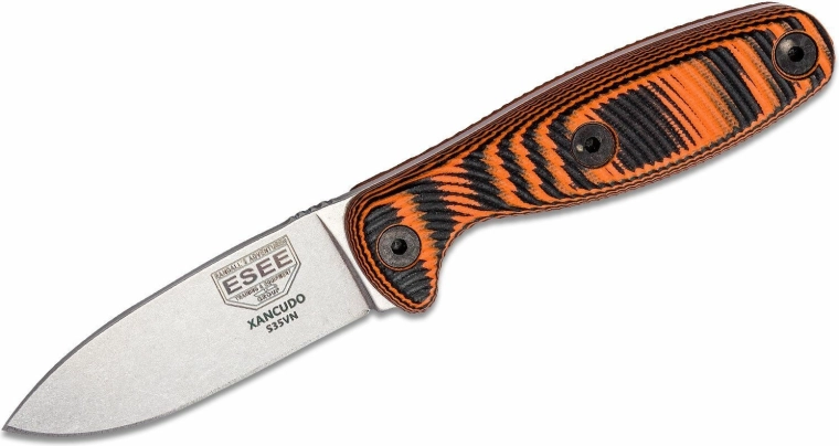 Cuchillo outdoor de hoja fija ESEE Xancudo 7,5 cm, stonewash, G10 negro-naranja, funda Zytel