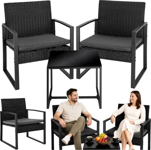 Conjunto de ratán para jardín: 2 sillones y mesa para balcón y terraza, negro
