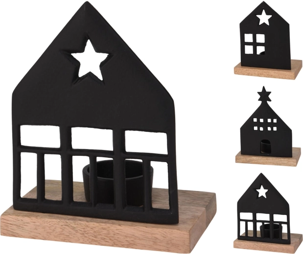 Portavelas decorativo Casita para vela de té de aluminio y madera de mango - 1 unidad