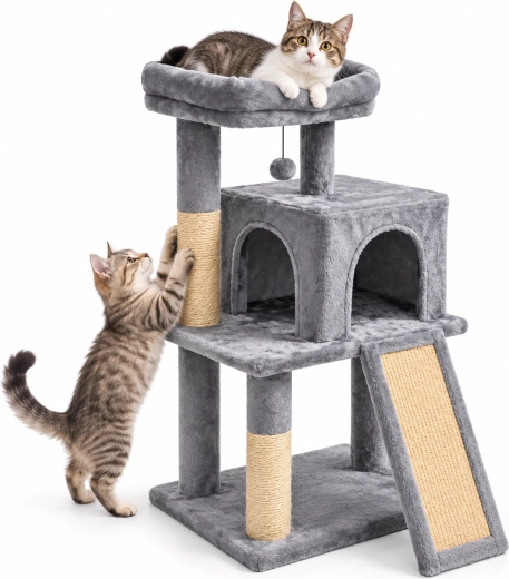 Rascador gris para gatos con casita 45 × 35 × 90 cm