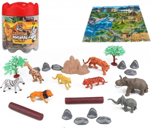 Set de animales safari de 21 piezas con caja de transporte y alfombrilla de juego
