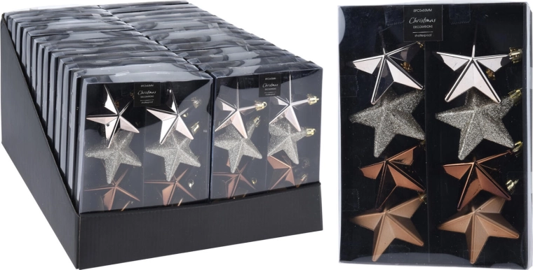 Adornos navideños estrella 6,5 cm – mix marrón, dorado, plateado (8 uds.)