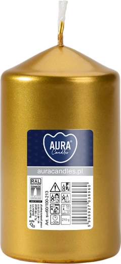 Vela cilíndrica metálica brillante dorada de 5,8 × 10 cm