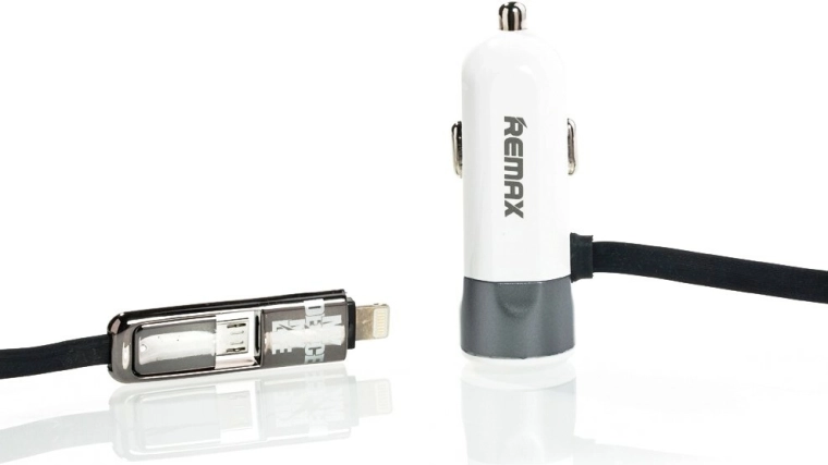 Cargador de coche Remax 3,4 A con cable integrado Lightning y micro USB, gris