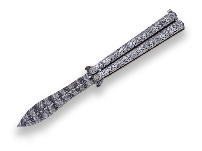 Navaja mariposa Joker Butterfly tipo balisong 11 cm con mango de aluminio y patrón damasco