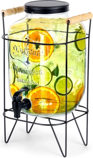 Dispensador de bebidas de vidrio con grifo y soporte negro 5,5 l