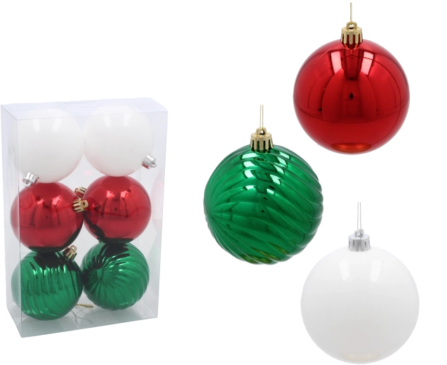 Juego de bolas navideñas de 8 cm – roja, verde y blanca, 6 uds.