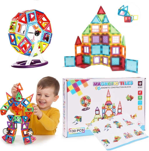 Juego de construcción magnético con cochecitos y remolque – 130 piezas
