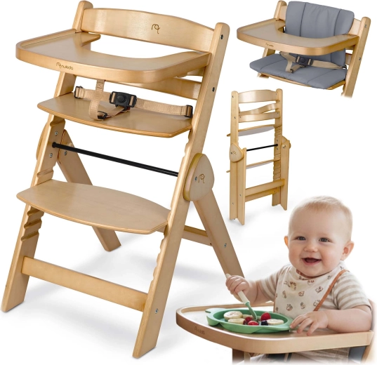 Nukido Timo silla alta plegable de madera con bandeja extraíble y acolchado