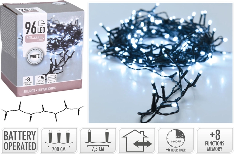 Iluminación LED navideña 7 m, 96 LED, blanco frío, 8 funciones, con temporizador