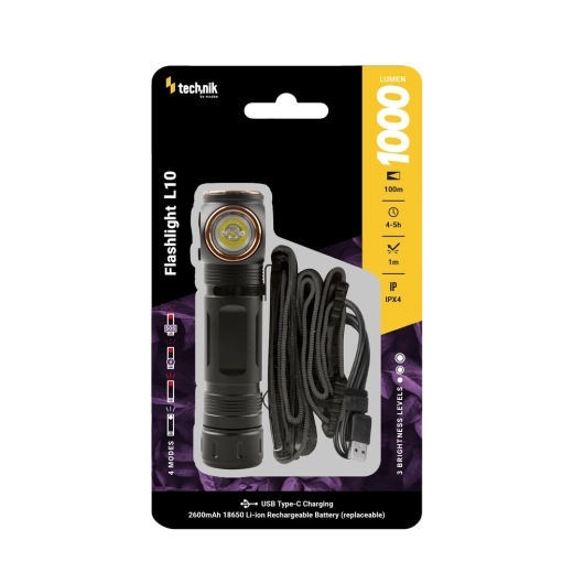 Linterna Technik L10 con USB‑C, 1000 lm, magnética, cinta para la cabeza
