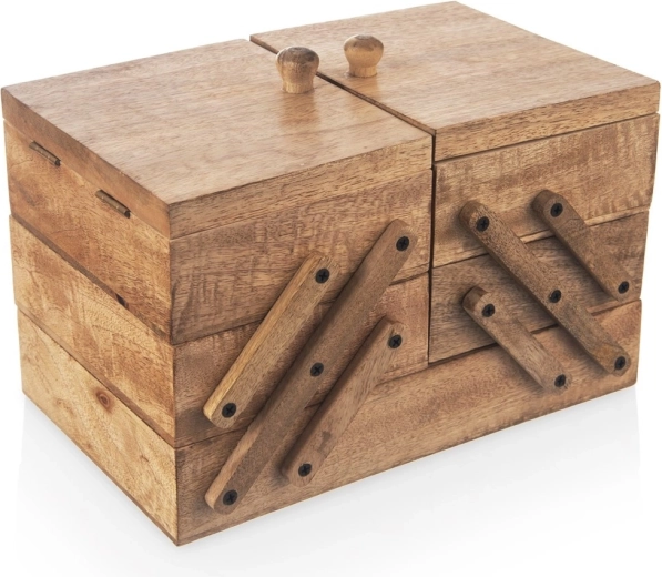 Caja de costura de madera de mango 30,5 × 18 × 21 cm, desplegable hasta 71 cm