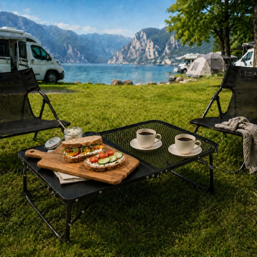 Mesa de camping ligera con tablero de rejilla