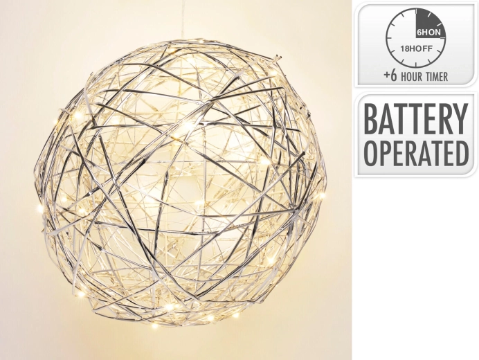 Bola decorativa LED plateada con temporizador, 25 cm