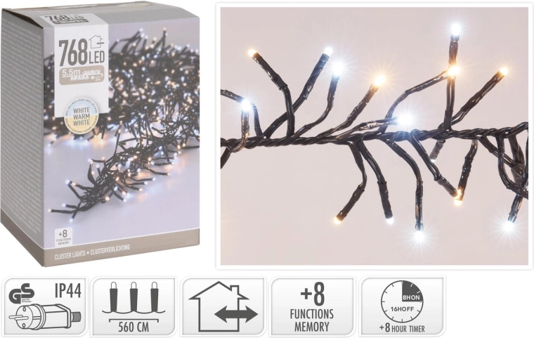 Cadena de luces LED navideña 5,6 m, 768 LED, blanco cálido, 8 funciones, IP44, con temporizador - 1 unidad