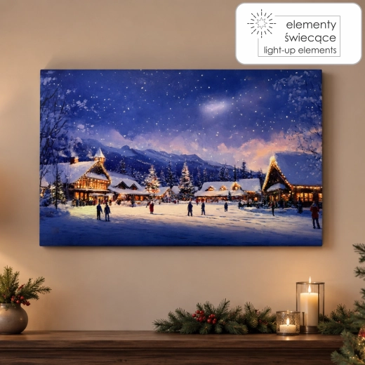 Cuadro LED sobre lienzo de pueblo invernal 60 × 40 cm