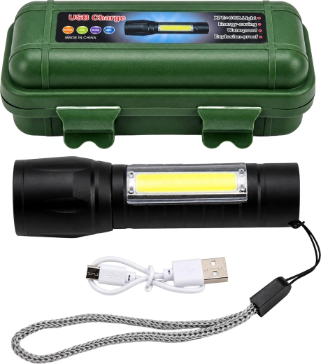 Linterna LED táctica COB con carga USB, zoom y funda