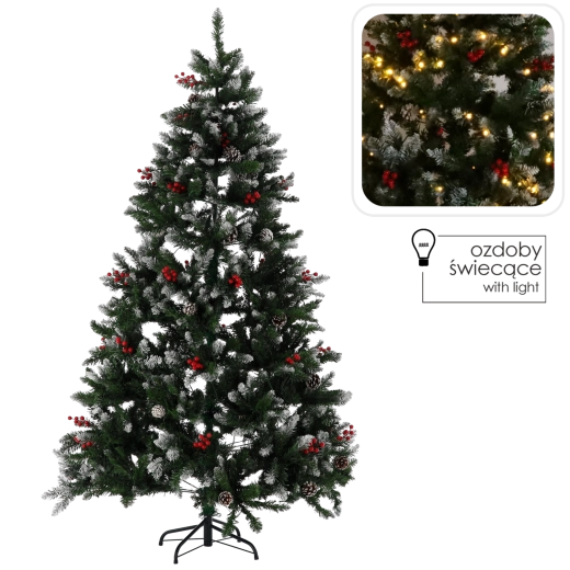 Árbol de Navidad artificial iluminado de 180 cm nevado con serbal y piñas