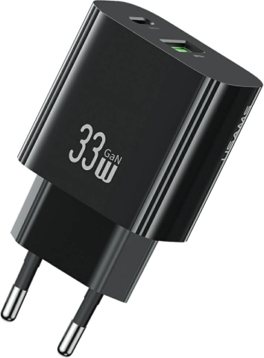 USAMS T65 33W cargador rápido de red GaN con USB-C y USB-A (negro)