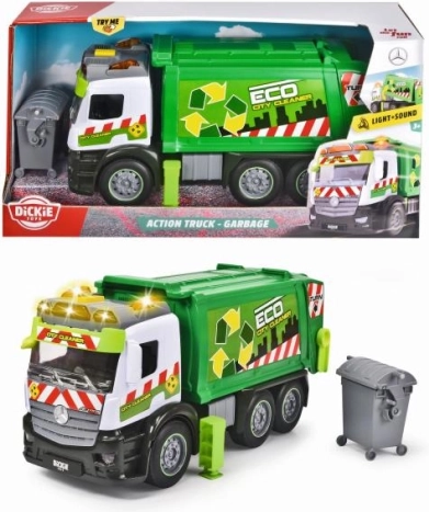 Camión de basura Mercedes con luz y sonido, 26 cm