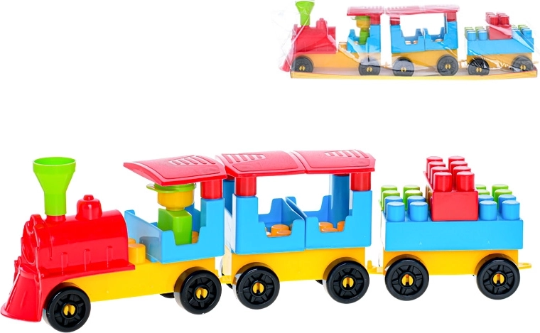 Set de construcción de tren con dos vagones y pegatinas
