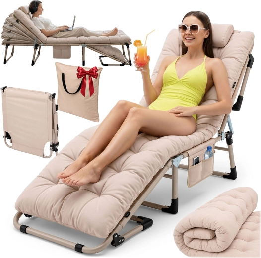 Sofotel ChillWell Dream cama turística plegable y tumbona de jardín con colchón, almohada y funda, beige