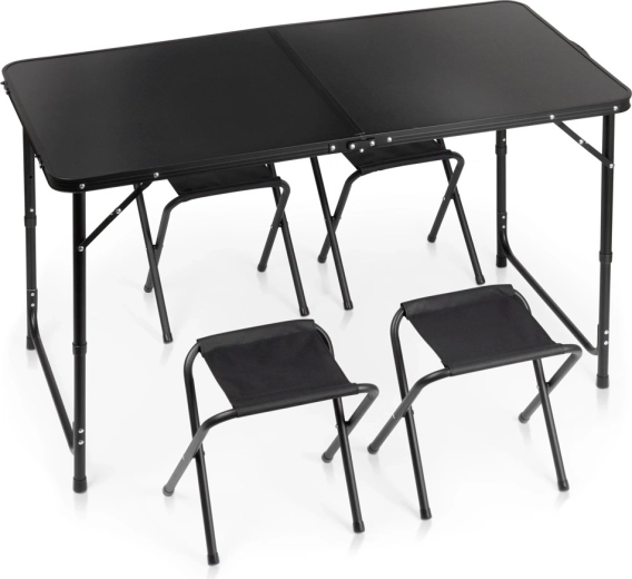 Mesa turística plegable Vilde con 4 taburetes, negra, 120 × 60 cm