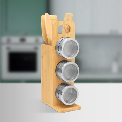 Soporte magnético para especias con utensilios de cocina de bambú, set de 7 piezas