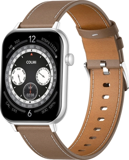 Smartwatch COLMI C28 plateado con correa de cuero marrón