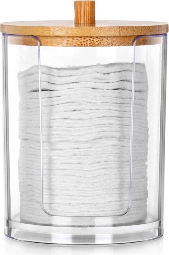 Caja para discos desmaquillantes de acrílico con tapa de bambú 7 × 10 cm