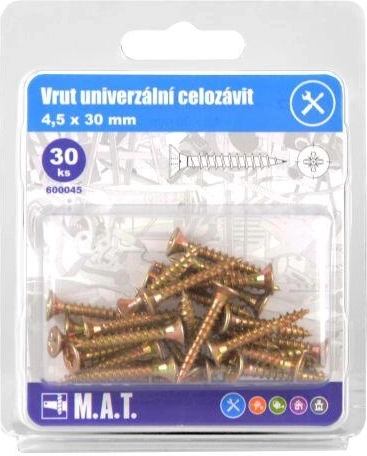 Tornillos universales de rosca completa 4,5 × 30 mm, zincados, 30 uds