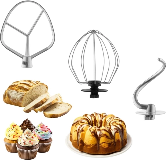 Tres accesorios para mezclar, batir y amasar