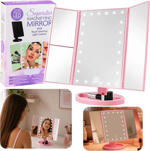 Espejo cosmético plegable rosa con iluminación LED, control táctil y aumento