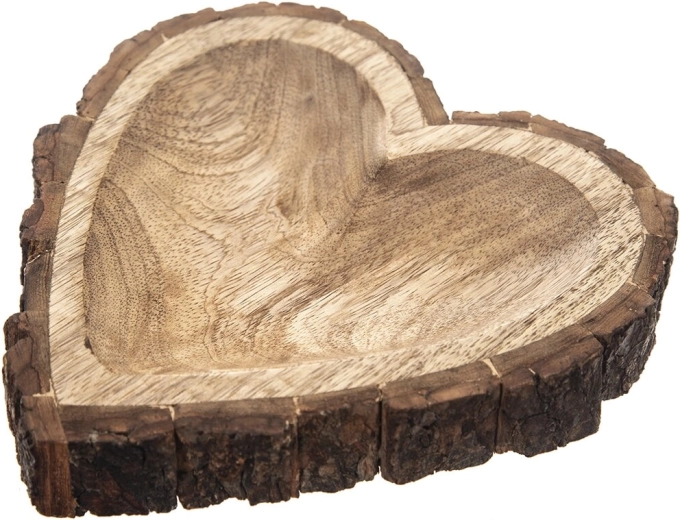 Bandeja de madera de mango con motivo de corazón en acabado corteza 22 × 22 × 3 cm