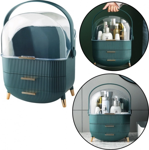 Organizador de cosméticos verde con tapa transparente y dos cajones