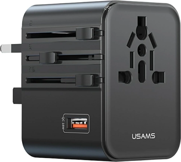 USAMS adaptador de viaje y cargador 25 W 4 en 1 (US/AU/EU/UK) negro