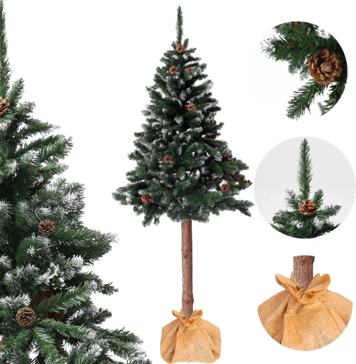 Árbol de Navidad artificial en tronco 180 cm, pino diamante con piñas, nevado