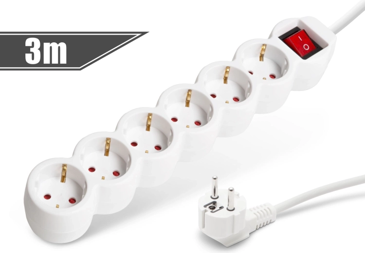 Regleta de extensión blanca con 6 tomas y interruptor, 3 m